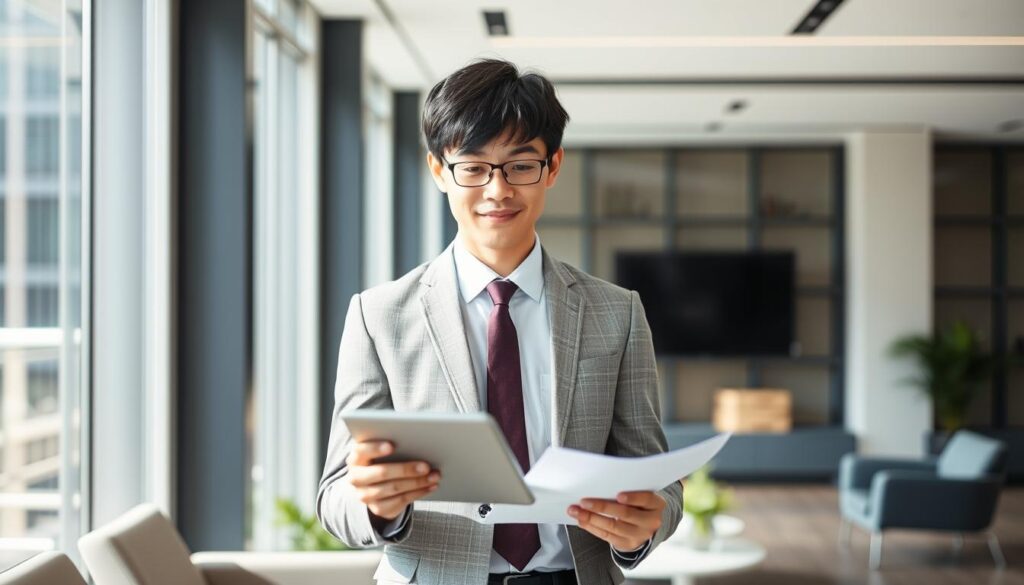 A well-dressed, young Japanese professional standing confidently in a modern office setting, surrounded by sleek furniture and large windows. Soft, natural lighting illuminates their face, revealing a focused expression as they review financial documents on a tablet. The scene conveys a sense of expertise and success, capturing the essence of a design producer's career and earning potential.