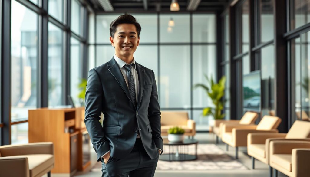 A well-dressed, young Japanese professional standing confidently in an office setting, surrounded by sleek modern furnishings and large windows that fill the space with warm, natural light. The technical director's expression conveys a sense of success and achievement, their posture poised and focused. The scene captures the essence of a thriving career in the sports industry, conveying the individual's expertise and contributions to their field. The image reflects the subject's attention to detail, strategic thinking, and ability to lead teams to deliver exceptional results.
