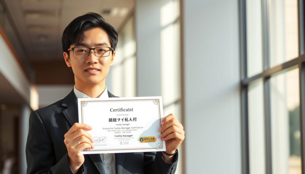 A well-dressed young Japanese professional, with a calm and focused expression, standing in a modern office setting. The scene is bathed in warm, natural lighting that highlights their face and the certificate they hold, symbolizing their achievement of the Facility Manager certification. The background features clean, minimalist architectural elements, conveying a sense of efficiency and professionalism. The overall atmosphere is one of quiet pride and accomplishment, reflecting the importance and value of this credential.