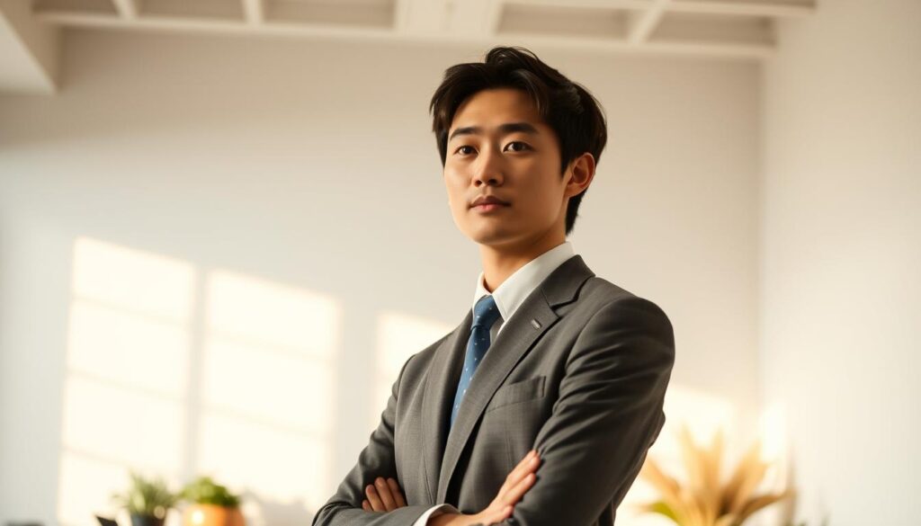 A well-dressed, young Japanese professional with an earnest expression, standing in a minimalist office setting. The lighting is soft and diffused, creating a warm, contemplative atmosphere. The figure is positioned in the middle ground, with a clean, uncluttered background emphasizing the subject. The composition has a balance of natural elements, such as a potted plant or fresh produce, to convey the expertise of a "vegetable sommelier" embarking on an independent venture. The overall scene exudes a sense of thoughtfulness, professionalism, and the pursuit of a fulfilling career path.