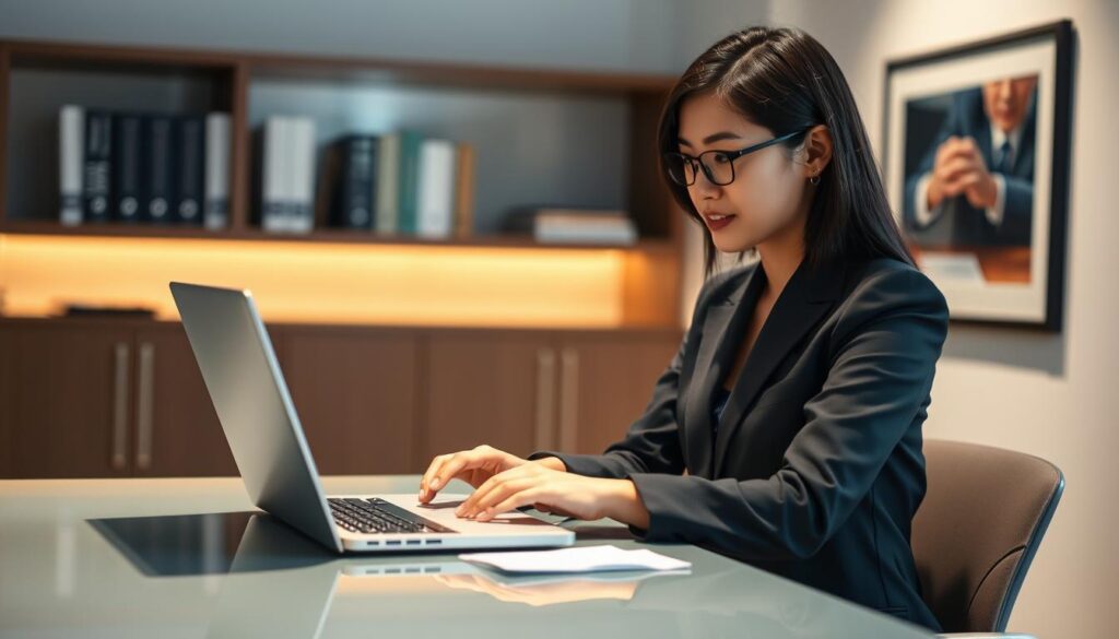 A well-dressed, young Japanese secretary sits at a sleek, modern desk, typing intently on a laptop. The lighting is soft and professional, with a hint of warmth. In the background, a bookshelf and framed artwork lend an air of sophistication. The secretary's posture is poised and attentive, reflecting the diligence and attention to detail required in their role. The scene conveys the skilled, efficient, and analytical nature of the secretary's work, hinting at the potential for career growth and a respectable annual income.