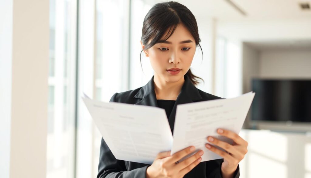 A well-dressed young Japanese woman attentively reviews her job application documents, her expression focused and determined. She stands in a bright, minimalist office setting, natural light filtering in through large windows. The scene conveys a sense of professionalism and ambition as she prepares for her cabin attendant job interview, her sleek black uniform and neatly styled hair reflecting her attention to detail. The overall mood is one of poise and confidence as she takes this crucial step in her career journey.