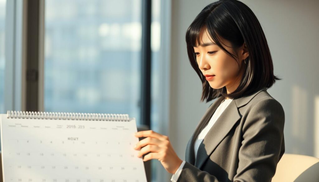 A well-dressed young Japanese woman stands in a formal office setting, gazing thoughtfully at a calendar on her desk. Soft natural lighting filters through the windows, casting a warm glow on her professional attire. Her black hair frames a serene, focused expression as she contemplates her upcoming schedule as a highly capable wedding planner. The scene exudes an atmosphere of competence and diligence, hinting at the expertise required for this in-demand career path.