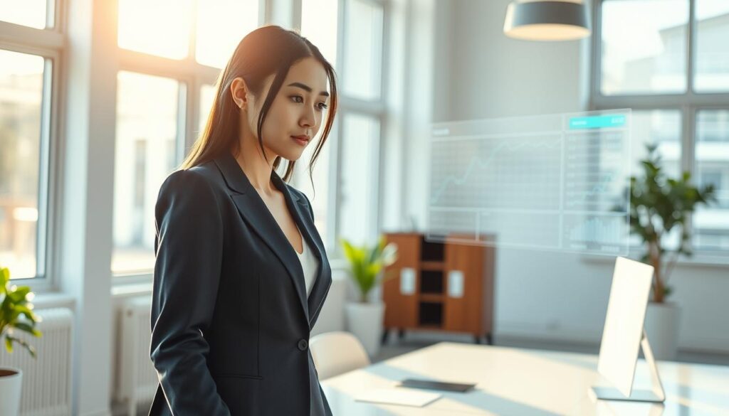 A well-dressed young Japanese woman with a sleek, sophisticated appearance stands in a bright, minimalist workspace. Soft natural lighting filters through large windows, casting a warm glow on her thoughtful expression as she reviews financial data displayed on a holographic screen. Behind her, a clean-lined desk and modern office furniture create a sense of professionalism and attention to detail. The scene conveys the career of a color coordinator, their analytical focus and the comfortable, tech-forward environment in which they operate.