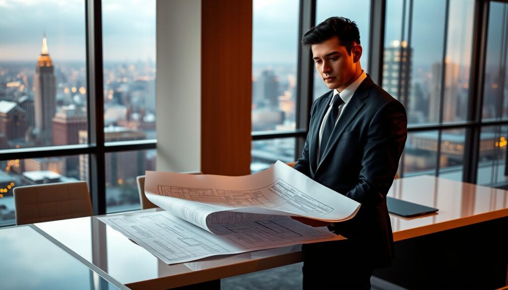 A well-dressed, young professional stands confidently in an elegant office, contemplating a blueprint spread across a sleek, modern desk. Soft, warm lighting casts a pensive glow, highlighting the thoughtful expression on their face as they consider the possibilities of independent real estate redevelopment. The background features a stunning cityscape visible through large windows, hinting at the ambitious projects this urban planner might undertake. The scene conveys a sense of focused determination, technical expertise, and entrepreneurial spirit - the essential qualities of a successful, self-employed redevelopment specialist.