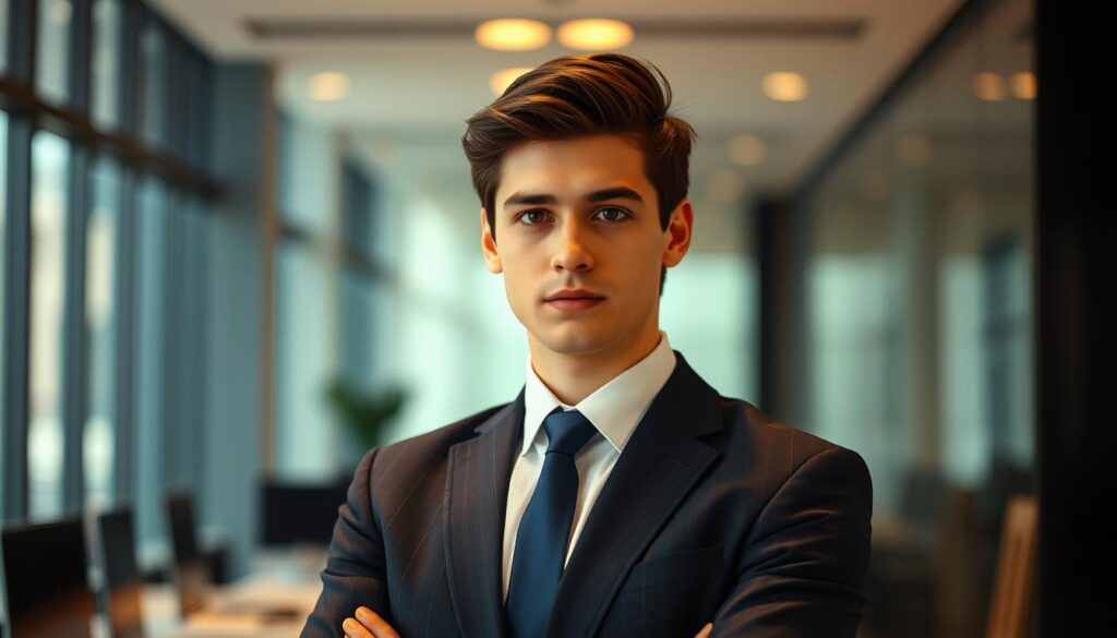 A well-dressed young professional stands confidently, their gaze intent and analytical. Warm lighting casts a thoughtful, focused expression across their face, their posture exuding poise and attention to detail. In the background, a sleek, modern office setting suggests the intellectual rigor and strategic mindset of a securities analyst. The composition conveys an air of diligence, problem-solving skills, and a keen eye for financial data - the quintessential traits of a securities analyst adept at identifying market opportunities.