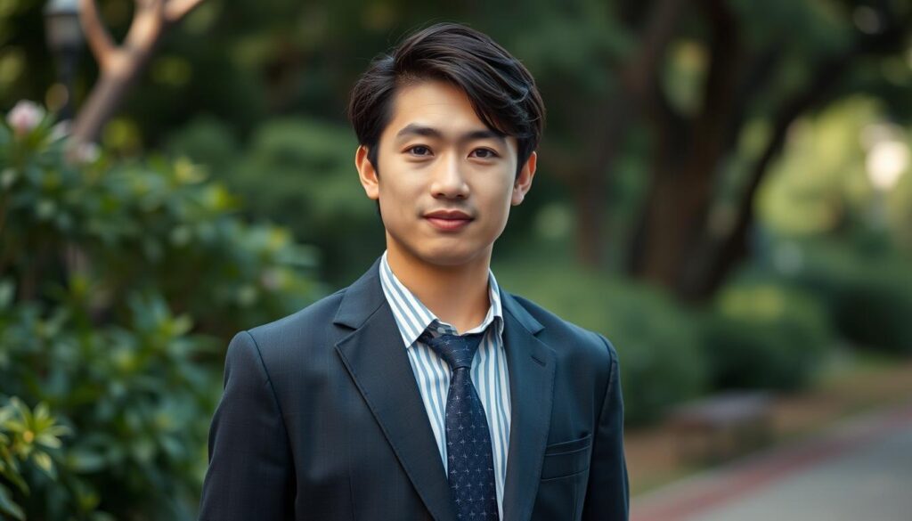 A well-dressed, youthful Japanese person with an earnest, focused expression, standing in a natural, well-lit environment. They embody a balanced blend of creativity, strategic thinking, and organizational skills, capturing the essence of a design producer's ideal persona. The scene exudes a professional yet approachable atmosphere, inviting the viewer to imagine the individual's ability to seamlessly navigate the complexities of design projects and client interactions.