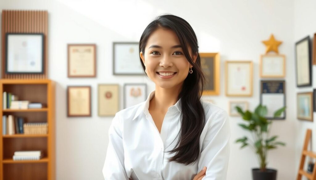 A well-educated, professional Japanese-looking nanny standing in a bright, modern interior with clean lines and natural lighting. She wears a crisp, white collared shirt and smart slacks, conveying a sense of authority and expertise. Her expression is warm and nurturing, reflecting her dedication to childcare. In the background, diplomas, certificates, and awards hang on the walls, showcasing her impressive educational background and qualifications. The overall atmosphere is one of competence, trustworthiness, and a strong commitment to providing exceptional care and education.