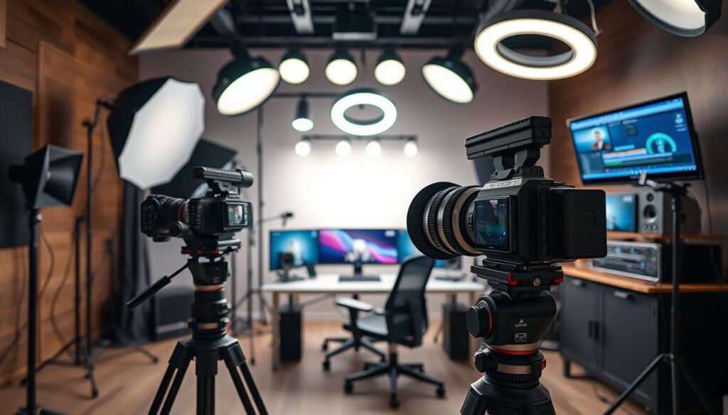 A well-equipped YouTube studio featuring a sleek, modern setup. In the foreground, a professional-grade camera with a high-quality lens sits atop a sturdy tripod, ready to capture cinematic footage. The middle ground showcases an array of lighting equipment, including softboxes and ring lights, creating a warm, diffused illumination that flatters the subjects. In the background, a high-end computer system with multiple monitors and a cutting-edge video editing software package, allowing for seamless post-production. The overall atmosphere exudes a sense of creativity, professionalism, and attention to detail - the essential tools for a successful YouTuber.