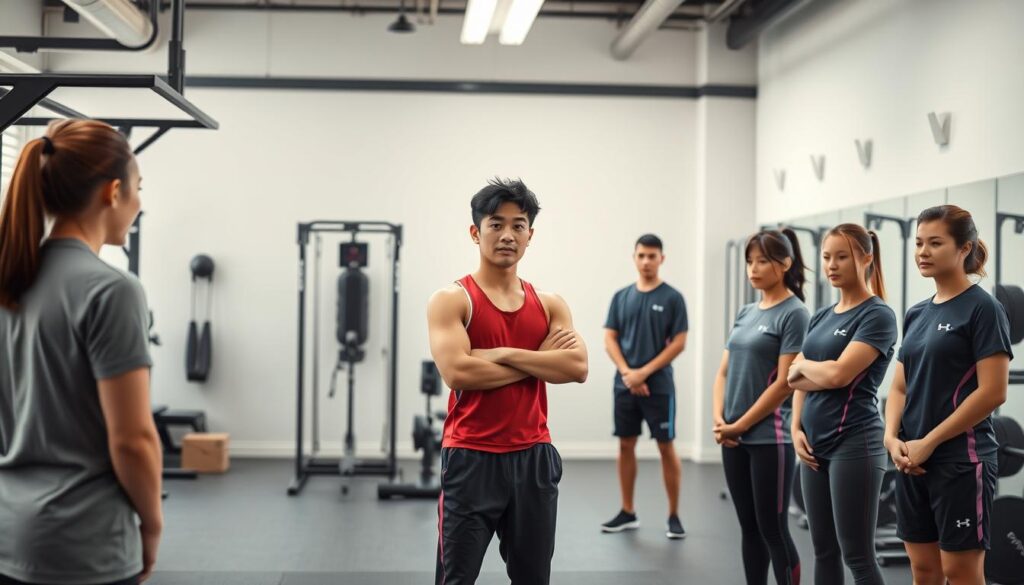 A well-equipped athletic training facility with modern equipment and supplies. In the center, a young, fit Japanese-looking person in athletic apparel stands confidently, demonstrating proper form and technique to a group of trainees. Soft, natural lighting illuminates the scene, creating a warm and inviting atmosphere. The trainees, also young and athletic-looking, observe intently, ready to learn the necessary skills and knowledge to become certified athletic trainers. The background features a clean, minimalist design with subtle accents, allowing the main subject to take center stage.