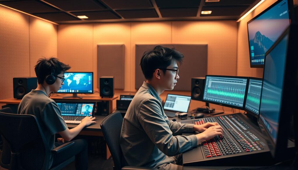 A well-equipped audio studio with cutting-edge technology. Sleek and modern workstations with touchscreen displays, professional-grade mixing consoles, and state-of-the-art sound isolation. Young, Japanese-looking sound engineers in casual attire focus intently on their tasks, adjusting levels, fine-tuning EQ, and precisely monitoring the audio waveforms. Warm, indirect lighting creates a focused, contemplative atmosphere. The room is filled with the hum of high-end audio equipment, conveying the importance of their work in the era of streaming media production.