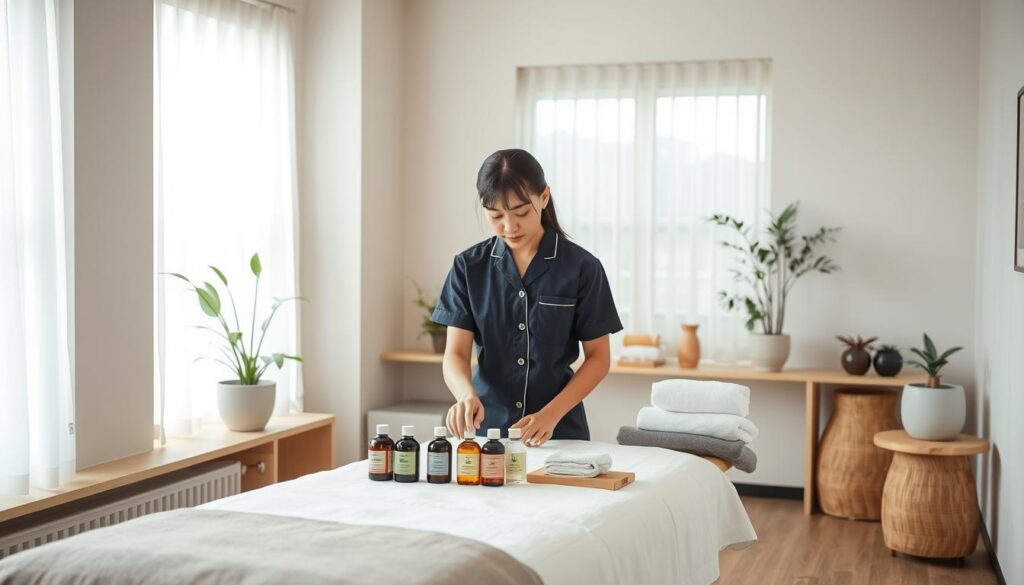 A well-equipped massage therapy studio with natural lighting, featuring a young Japanese model in a professional uniform preparing their workspace. The model is meticulously arranging massage oils, towels, and other essential tools on a clean, wooden table. The room has a calming, minimalist aesthetic with potted plants and soothing neutral tones, conveying a sense of tranquility and professionalism. The model's expression is focused, as they thoughtfully consider the setup, ready to provide a transformative massage experience.