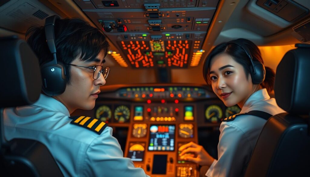 A well-equipped modern commercial aircraft cockpit, featuring a team of two professional pilots focused intently on their controls and displays. The captain, a young Japanese man with a serious expression, carefully monitors the instruments while the co-pilot, a woman with a similar appearance, adjusts the flight path and communicates with air traffic control. The lighting is realistic, with warm ambient tones and focused task lighting illuminating the cockpit's intricate panels and switches. The scene conveys a sense of precision, responsibility, and the high-stakes nature of the pilots' work as they safely guide their aircraft through the skies.