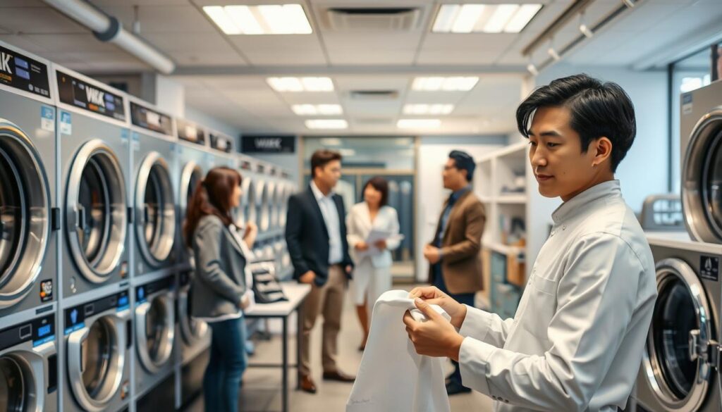 A well-equipped, modern dry cleaning shop with bright lighting and sleek, professional-grade equipment. In the foreground, a young, skilled Japanese-looking cleaner in a crisp white uniform is carefully examining a delicate garment, their expression focused and attentive. In the middle ground, several customers are conversing with the owner, a confident, entrepreneurial-looking individual, as they discuss tailoring and specialty services. The background showcases a neatly organized workspace, with steam presses, folding tables, and a state-of-the-art garment management system, reflecting the cleaner's attention to detail and commitment to quality. The overall scene conveys the idea of a thriving, independent dry cleaning business built on expertise, customer service, and a passion for the craft.