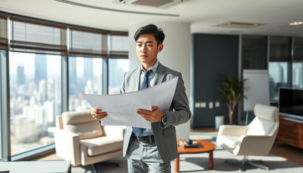 A well-equipped office space with modern furnishings and ample natural lighting. A young Japanese man, dressed in a smart casual outfit, stands thoughtfully in the center, holding a blueprint and appearing deep in planning mode. Behind him, a cozy lounge area with a comfortable armchair and a large window overlooking a bustling city skyline. The overall atmosphere conveys a sense of focus, determination, and the careful preparation necessary for an independent drilling business venture.