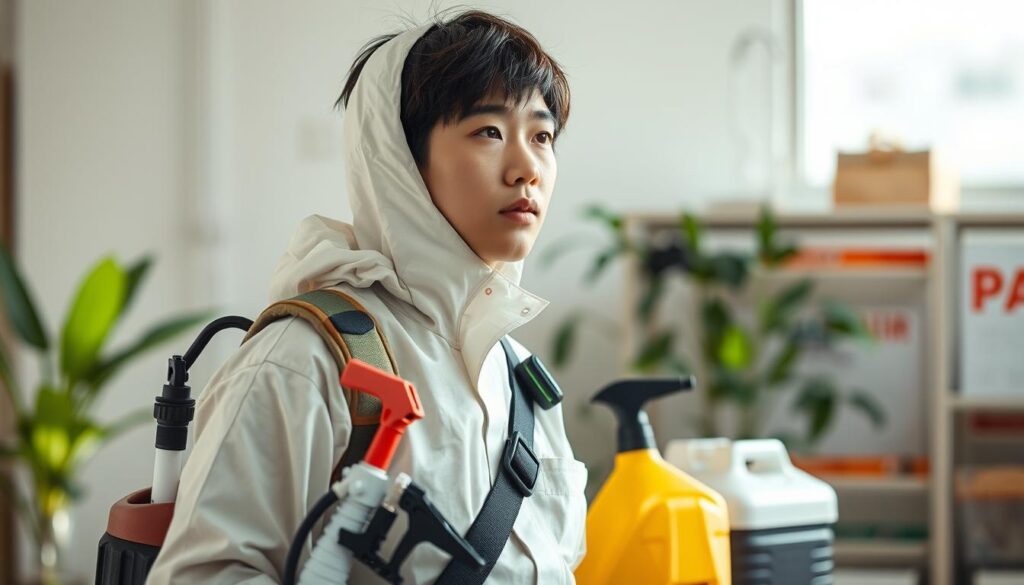 A well-equipped pest control specialist, clad in a protective suit, stands at the ready, surveying the environment with a keen eye. The lighting is bright and natural, highlighting the professional's focused expression and the various tools of the trade - sprayers, baits, and traps - neatly organized by their side. The scene conveys a sense of expertise and diligence, capturing the essence of the pest control operator's role in ensuring a safe and healthy living environment. The young, Japanese-looking model's facial features and hairstyle lend an authentic, relatable touch to the image.