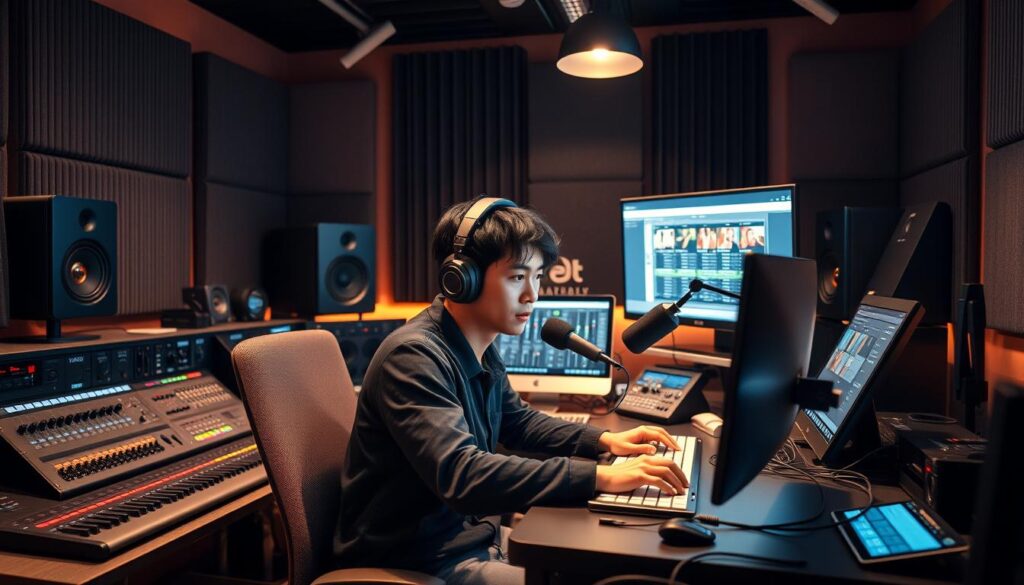 A well-equipped radio DJ studio with a sleek, modern design. In the center, a young Japanese-looking man intently curates a playlist on his computer, his expression focused and determined. Behind him, an array of high-tech audio equipment, including mixing consoles, sound processors, and a pair of professional-grade headphones. The lighting is warm and atmospheric, creating a cozy, creative ambiance. The walls are adorned with soundproofing panels, giving the space a professional, studio-like feel. The overall scene conveys the busy, meticulous work of a radio DJ meticulously crafting the perfect playlist for their audience.