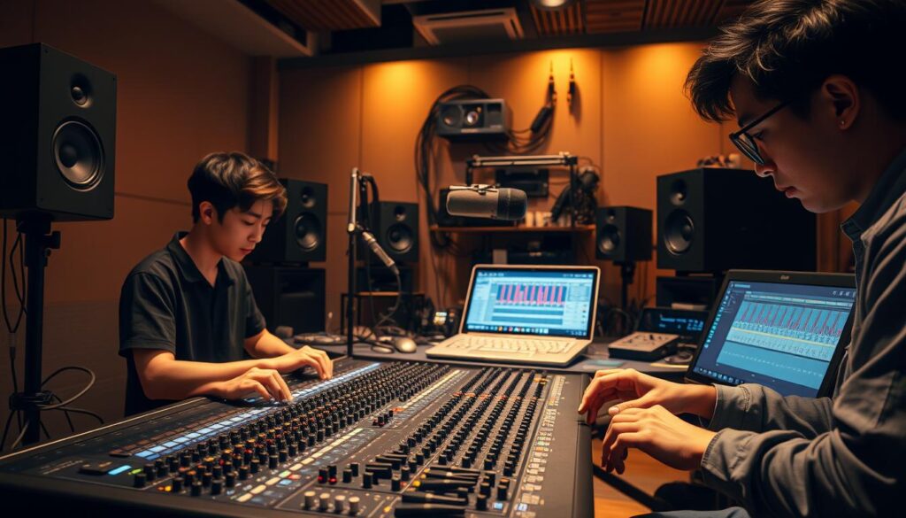 A well-equipped recording studio with a professional-grade mixing console, high-fidelity speakers, and a sleek DAW interface. The scene depicts a group of young, Japanese-looking audio engineers meticulously adjusting knobs and sliders, their faces focused and determined. Warm, indirect lighting casts a soft glow, creating a serene, contemplative atmosphere. The background features an array of audio cables, microphones, and other high-tech sound equipment, hinting at the technical complexity and attention to detail required in this field. The image conveys the knowledge, skill, and dedication needed to master the tools of the audio engineering trade.