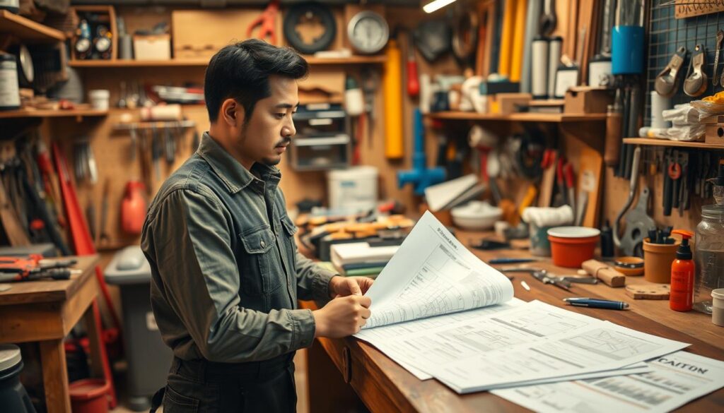 A well-equipped workshop filled with an array of tools and supplies, showcasing a young, skilled Japanese plumber meticulously planning his independent business venture. Warm lighting illuminates the detailed schematics and financial documents sprawled across a sturdy workbench, as the plumber contemplates his next steps with a determined expression. The scene conveys a sense of focus, organization, and the careful consideration required to successfully transition from an employee to a self-employed professional.