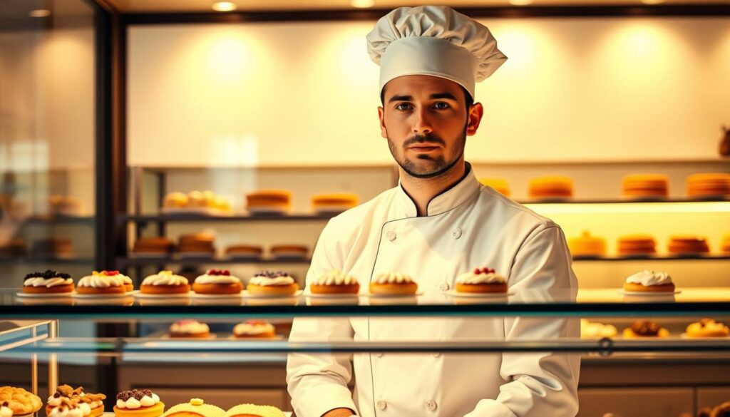 A well-groomed and focused patissier stands behind a gleaming glass display case, showcasing an array of delicate pastries in a softly lit, modern bakery setting. The patissier's crisp white uniform and tidy chef's hat convey a sense of professionalism and expertise. Warm, indirect lighting casts a gentle glow, highlighting the intricate details of the pastries and creating a welcoming, inviting atmosphere. The scene exudes a sense of precision, dedication, and the culinary mastery expected of a skilled patisserie professional.