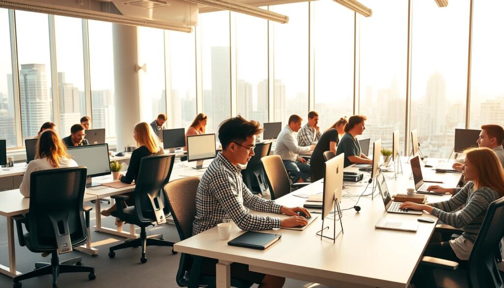 A well-lit and airy open-plan office with modern desks, ergonomic chairs, and large windows overlooking a bustling city skyline. A diverse team of talented young copywriters, their focused gazes fixed on their computer screens as they craft compelling marketing copy. The atmosphere is one of focused productivity, with the occasional burst of collaboration and lively discussion. Warm sunlight filters in, casting a soft glow on the clean, minimalist decor. The overall impression is of a dynamic, creative workplace that fosters innovation and inspires its employees.