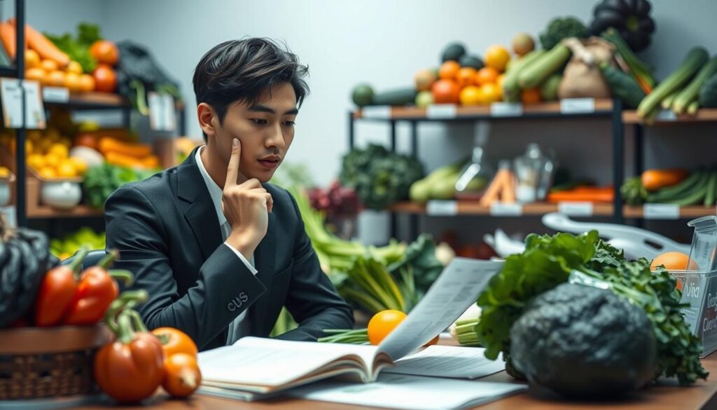 A well-lit and detailed scene depicting a young Japanese-looking professional in a thoughtful pose, surrounded by a variety of fresh vegetables. The person is seated at a desk, examining paperwork and materials related to the "Vegetable Sommelier" certification program. The background features shelves filled with more produce, creating a visually engaging and informative setting that captures the essence of the "cost and duration" section of the article.