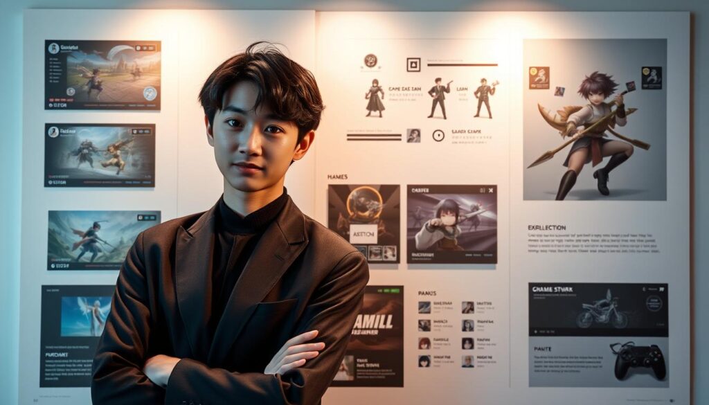 A well-lit and elegantly designed portfolio showcasing a talented game designer's exceptional work. The layout features a clean, minimalist aesthetic with carefully curated game mockups, character designs, and UI elements artfully arranged against a backdrop of subtle textures and gradients. The young, Japanese-inspired models pose confidently, their faces expressing a sense of professionalism and creative passion. Soft, diffused lighting casts warm highlights, creating a polished, high-quality impression that effectively conveys the designer's skills and the potential value they could bring to any game development team.
