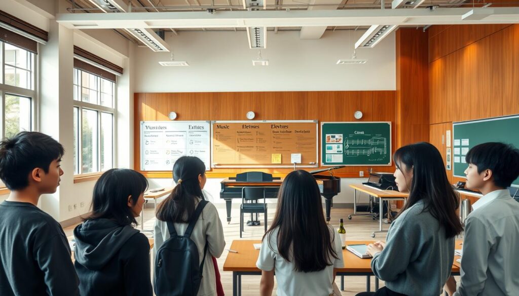 A well-lit and spacious classroom in a prestigious music academy. In the foreground, a group of young Japanese students discuss course options, their faces lit by natural light from large windows. The middle ground features a bulletin board displaying various music programs and electives, inviting exploration. The background showcases a grand piano, musical instruments, and a chalkboard, suggesting a nurturing environment for musical education. The scene conveys a sense of academic focus, camaraderie, and the pursuit of artistic excellence.