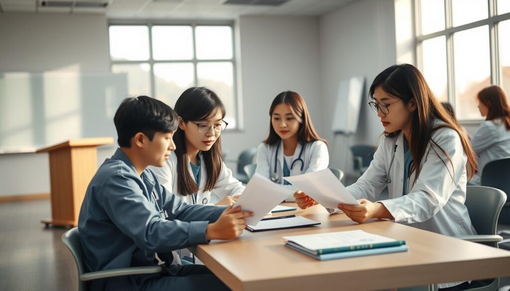 A well-lit and spacious classroom setting, with a group of young, Japanese-looking healthcare professionals engaged in a collaborative learning environment. In the foreground, three individuals are seated at a table, intently studying documents and discussing career advancement opportunities. The middle ground features a podium and whiteboard, suggesting an educational or training session. The background showcases a serene and modern interior, with large windows allowing natural light to flood the space, creating a warm and inviting atmosphere. The scene conveys a sense of professional development, knowledge-sharing, and the pursuit of higher qualifications within the healthcare field.