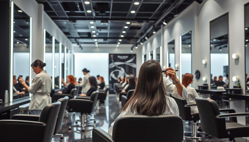 A well-lit and spacious hair salon, with modern, minimalist decor and sleek black-and-white color scheme. In the foreground, a young, Japanese-looking stylist in a crisp white smock attends to a client's hair, using professional-grade tools and products. The middle ground features several other stylists, each focused on their own client, creating a dynamic and productive atmosphere. The background showcases a row of salon chairs, where additional clients wait patiently, surrounded by floor-to-ceiling mirrors that reflect the ambient lighting and create a sense of depth and scale. An overall sense of professionalism, efficiency, and attention to detail permeates the scene.
