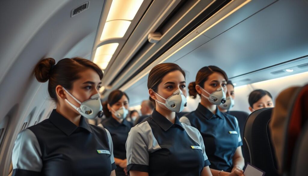A well-lit cabin interior with a group of attentive flight attendants demonstrating in-flight safety procedures. The attendants, with their neat uniforms and calm demeanors, guide passengers through the proper use of seatbelts, oxygen masks, and emergency exits. The background features the aircraft's curved walls and overhead storage compartments, conveying a sense of order and professionalism. Soft, directional lighting highlights the attendants' faces, creating a reassuring atmosphere. The scene captures the essence of cabin crew's critical role in maintaining passenger safety and security during air travel.