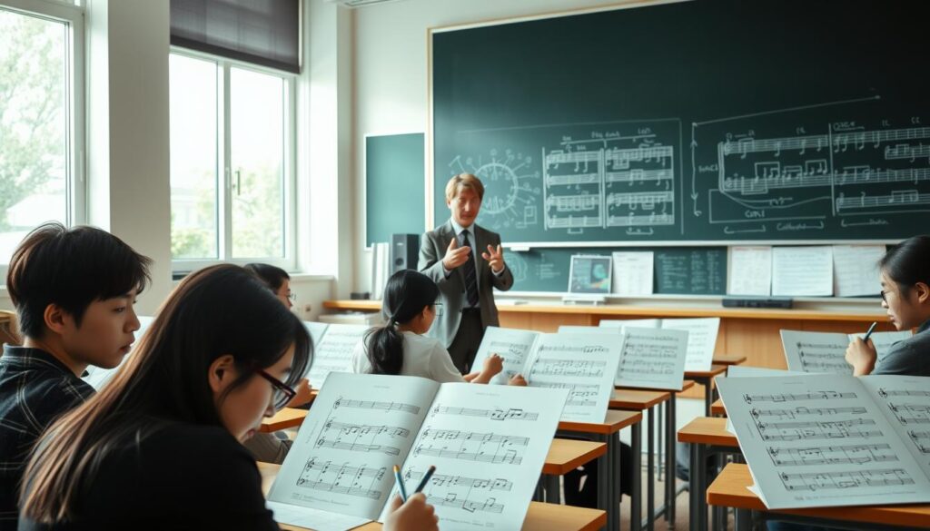 A well-lit classroom setting, with large windows illuminating the space. In the foreground, a group of young Japanese-looking individuals, their faces focused and intent, sitting at desks and sketching intricate musical scores. In the middle ground, an instructor, dressed in professional attire, gesturing animatedly as they explain concepts to the students. The background features a chalkboard filled with musical notation and technical diagrams, conveying the educational nature of the scene. The overall atmosphere is one of serious study and concentration, with a sense of dedication and passion for the craft of musical notation.