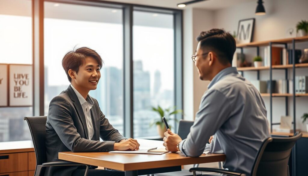 A well-lit corporate office setting, with a large window overlooking a cityscape in the background. In the foreground, a young Japanese-looking professional sitting at a desk, engaged in a thoughtful discussion with a colleague. The two are surrounded by inspirational wall art, bookshelves, and modern office decor, conveying a sense of mentorship and guidance. The lighting is warm and inviting, creating a calming atmosphere conducive to career-focused conversations. The scene captures the essence of an in-house career consultant advising an employee, guiding them towards professional growth and development within the organization.