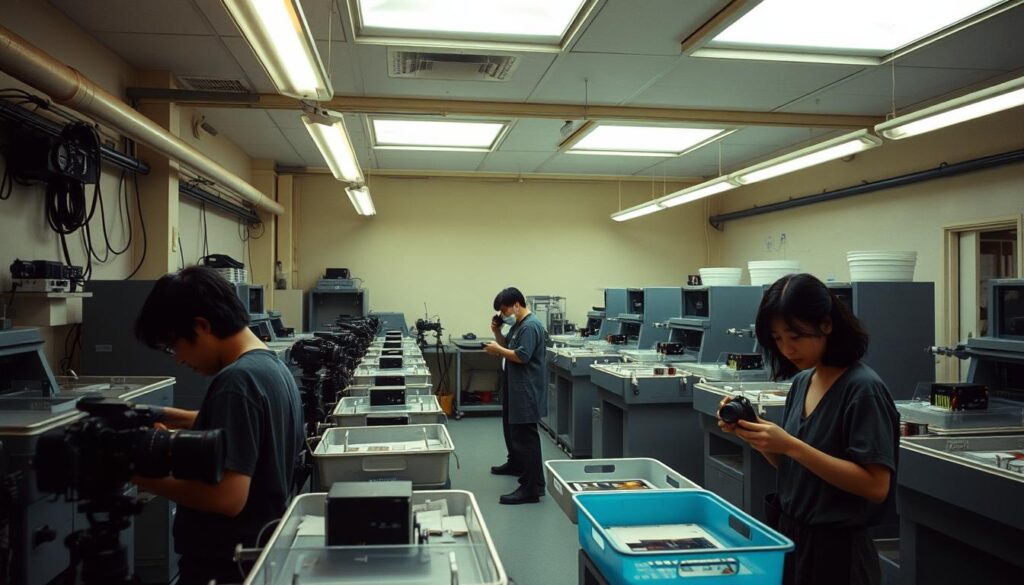 A well-lit darkroom filled with analog cameras, film development tanks, and chemical trays. A team of young, Japanese-looking photographic technicians carefully processing film, monitoring color and contrast with practiced eyes. Indirect lighting from overhead skylights casts a warm, focused glow across the scene. The technicians move with precision, their movements choreographed like a dance, as they develop, fix, and dry the exposed film. An atmosphere of quiet concentration and technical expertise pervades the space, reflecting the specialized skills of the professional image processors at work.