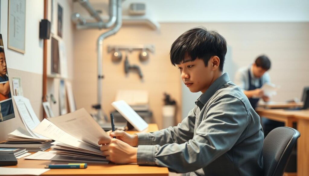 A well-lit, detailed photorealistic scene depicting the process of a young Japanese person obtaining a plumbing certification. In the foreground, the person is sitting at a desk studying plumbing manuals and textbooks. In the middle ground, they are attending a training course, observing a professional plumber demonstrate techniques. In the background, the person is taking an exam or certification test. The lighting is bright and natural, with a warm, professional atmosphere. The scene captures the step-by-step progression of the plumbing certification process.