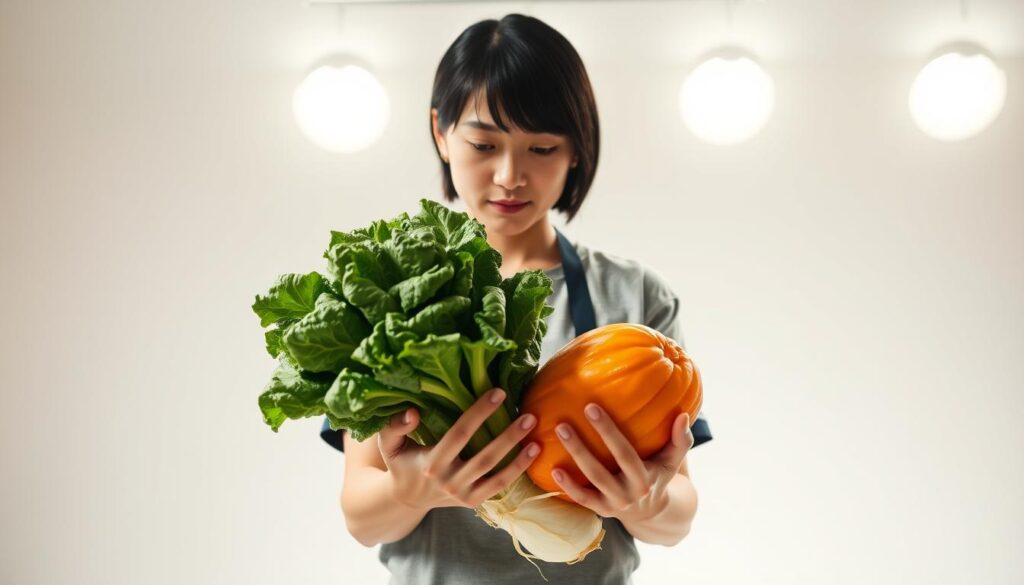 A well-lit, high-quality photograph of a young Japanese-looking person, with black hair, holding a large, vibrant vegetable in their hands. They are standing in a clean, minimalist studio setting with soft, diffused lighting from multiple angles, creating a calm and professional atmosphere. The subject is focused intently on the vegetable, conveying their expertise and passion as a certified "Vegetable Sommelier". The image captures the knowledge and dedication required to attain this specialized qualification.