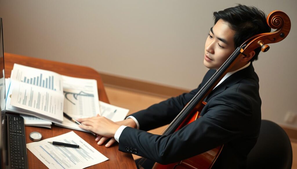 A well-lit, high-quality photographic portrait of a young, Japanese-looking professional cellist, dressed in a formal black suit, sitting at a desk with various financial documents, reports, and accounting tools spread out in front of them. The cellist has a focused, contemplative expression as they review their income sources, including performance fees, teaching earnings, and any other revenue streams associated with their career as a classical musician. The scene conveys a sense of the cellist's dedication to understanding the financial aspects of their profession, while still maintaining an air of artistic refinement.