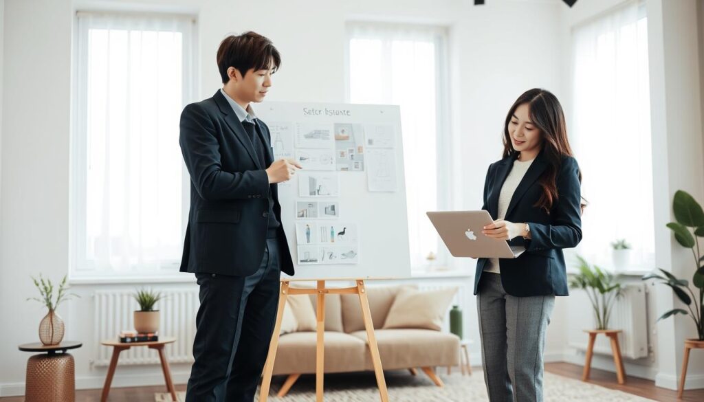 A well-lit, high-quality studio scene showcasing an interior designer and an interior coordinator side-by-side, dressed in professional attire. The designer is standing in front of a mood board, marker in hand, contemplating design ideas, while the coordinator reviews plans on a laptop. Behind them, a modern, minimalist room with clean lines, natural lighting, and tasteful decor serves as the backdrop. The models have a youthful, Japanese-inspired appearance, their features captured in realistic photographic detail. The overall atmosphere conveys a sense of focused collaboration and creative problem-solving.