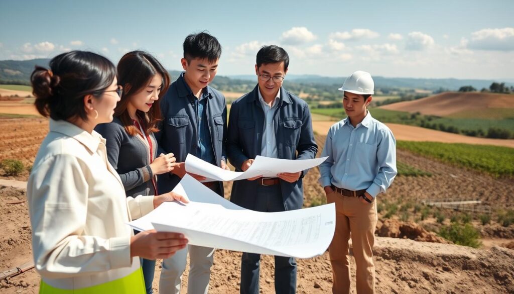 A well-lit, high-resolution image of a team of young, Japanese-looking agricultural civil engineering consultants examining blueprints and working together on a construction site. The consultants are dressed in professional attire and standing in front of a rural landscape with farmland, rolling hills, and a clear sky in the background. The scene conveys a sense of expertise, collaboration, and a commitment to sustainable agricultural development.