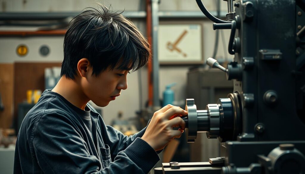 A well-lit, high-resolution image of a workshop scene showcasing a Japanese machinist operating a milling machine. The machinist, a young man with dark hair, is intently focused on the task at hand, skillfully guiding the workpiece through the cutting tool. The machine's intricate mechanisms and the machinist's precise movements are captured in vivid detail. The workshop is filled with the industrial hum of the machine, and the lighting casts dramatic shadows that accentuate the textures of the metal surfaces. The overall atmosphere conveys the dedication and precision required in this specialized profession.