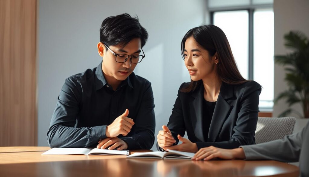 A well-lit, high-resolution image of two young Japanese-looking professionals, a man and a woman, engaged in discussion. The man is leaning forward, hands on the table, brow furrowed in concentration, while the woman has an open, thoughtful expression as she listens intently. They are seated in a modern, minimalist office setting with clean lines and natural tones, suggesting a serene, focused atmosphere conducive to continuous learning and knowledge updating. Soft, directional lighting casts subtle shadows, emphasizing the gravity of their exchange. The overall mood conveys a sense of intellectual curiosity, dedication to professional development, and a commitment to staying at the forefront of their field.