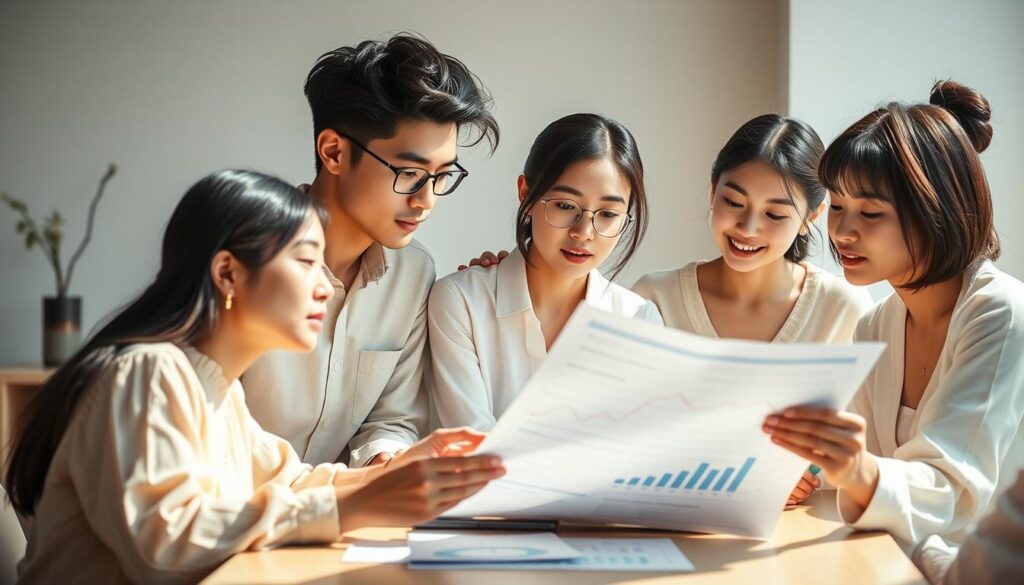 A well-lit, high-resolution image showcasing a group of young, Japanese-looking jewelry designers discussing their annual incomes. The scene depicts the designers gathered around a table, intently examining financial reports and charts. The lighting is soft and natural, casting a warm, professional ambiance. The designers' expressions convey a mix of focus and thoughtfulness as they analyze the data. The background features a tasteful, minimalist studio or office setting, with clean lines and subtle accents that complement the designers' aesthetic sensibilities. The overall composition emphasizes the importance of financial awareness and strategic planning in the jewelry design profession.