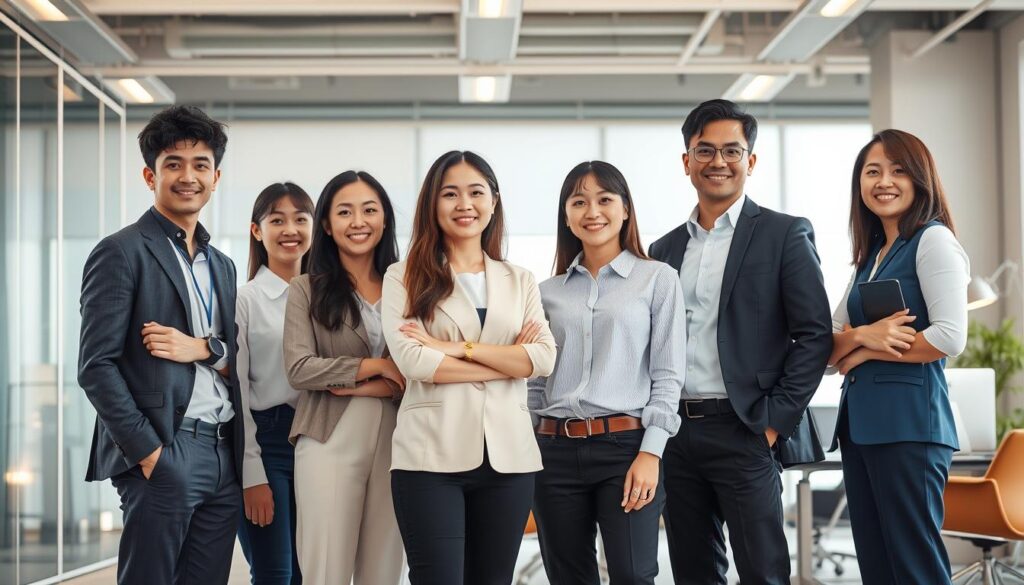 A well-lit, high-resolution photograph of a diverse team of young, Japanese-looking professionals standing in a modern office environment, showcasing the career path of a facility manager. The scene depicts them in various roles, from entry-level positions to senior management, with a focus on progression, collaboration, and the diverse responsibilities involved in facility management. The lighting is warm and natural, highlighting the professionalism and dedication of the individuals. The background features clean, minimalist decor and office furnishings, creating a sleek and sophisticated atmosphere that reflects the nature of the facility management profession.