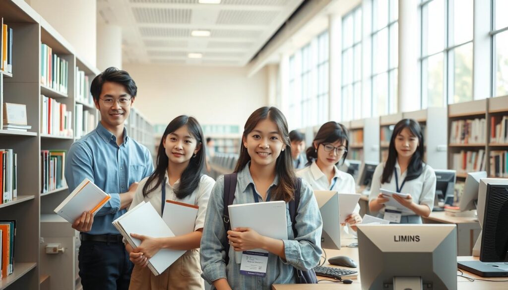 A well-lit, high-resolution photograph of a group of young, Japanese-looking library assistants standing in a modern, airy library setting. The foreground features the assistants intently engaged in various library-related tasks, such as shelving books, operating computers, and assisting patrons. The middle ground showcases the library's interior, with rows of bookshelves, study desks, and other fixtures. The background depicts large windows allowing natural light to stream in, creating a warm and inviting atmosphere. The assistants' expressions convey a sense of professionalism, expertise, and dedication to their work.