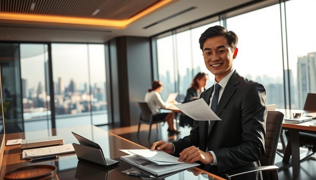A well-lit, high-resolution photograph of a modern, stylish office interior. In the foreground, a young Japanese-looking tour conductor in a sharp suit sits at a desk, reviewing documents and payslips. The middle ground features several colleagues in a meeting, discussing compensation and benefits. In the background, an expansive panoramic window reveals a bustling city skyline. The lighting is warm and inviting, creating a professional yet approachable atmosphere. The camera angle is slightly elevated, giving a sense of authority and importance to the scene.
