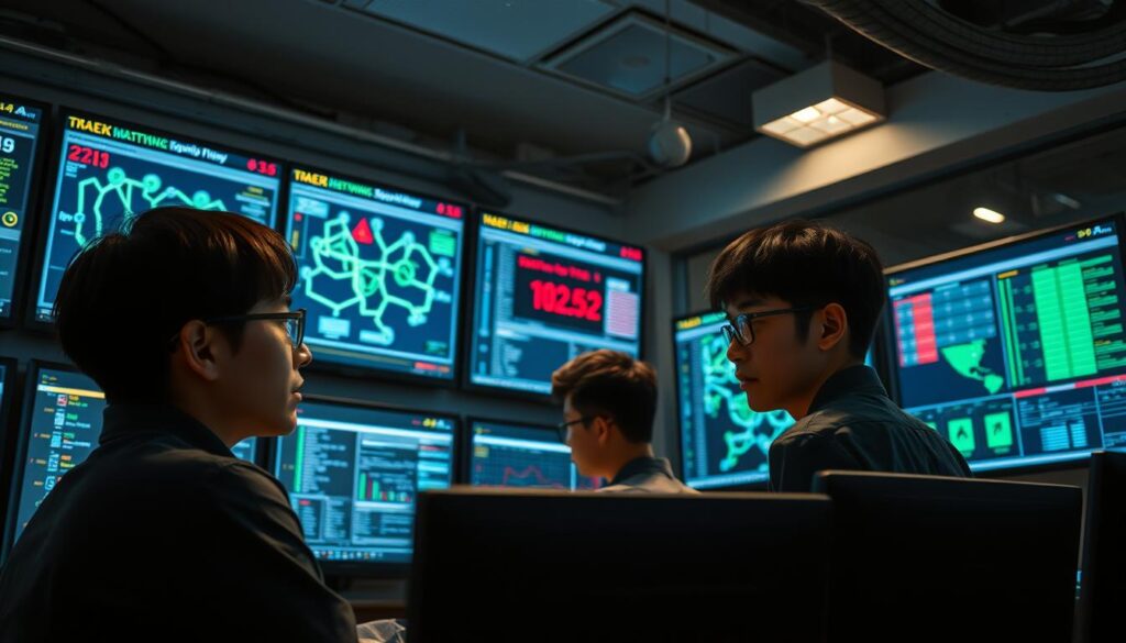 A well-lit, high-resolution photograph of a team of young, Japanese-looking network engineers closely monitoring a bank of screens displaying network topology, traffic visualizations, and security alerts. The engineers are focused and collaborative, working together to ensure the smooth and secure operation of the system. The scene conveys a sense of technical expertise, vigilance, and proactive risk management. Cinematic lighting from above and behind casts dramatic shadows, creating a mood of seriousness and importance. The camera angle is slightly elevated, giving the viewer a sense of being part of the action.