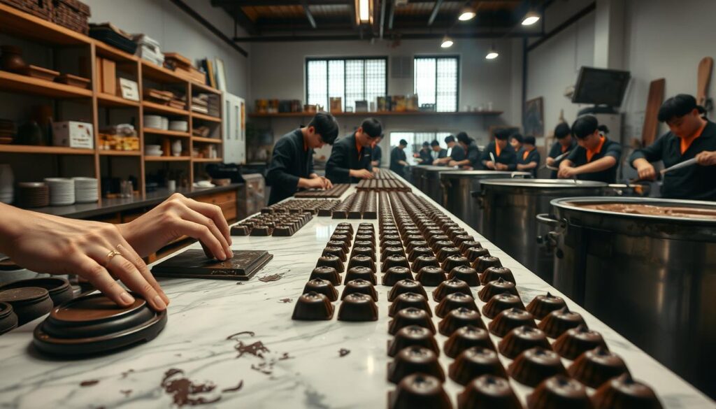 A well-lit, high-resolution photograph of a traditional Japanese chocolatier's workshop. In the foreground, a skilled chocolatier meticulously tempers dark chocolate on a marble slab, their hands deftly manipulating the glistening mass. Behind them, other chocolatiers carefully pipe chocolate into intricate molds, creating delicate confections. The middle ground reveals shelves stocked with an array of chocolate-making tools and ingredients, while the background showcases large vats of melted chocolate and a team of young, Japanese-looking chocolatiers busily preparing batches. The scene exudes a sense of focus, precision, and the artistry inherent in the craft of chocolate-making.