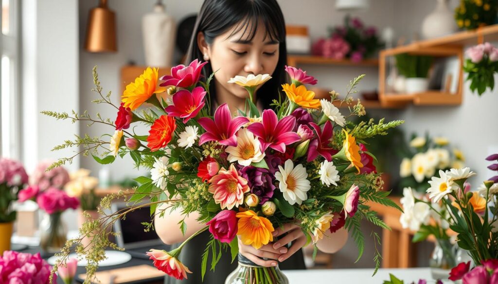 A well-lit, high-resolution photograph of a young, Japanese-looking florist with dark hair, standing at a floral design workstation. They are carefully arranging a variety of vibrant, freshly-cut flowers in an elegant, artistic composition. The florist's hands are deftly maneuvering the blooms, showcasing their expertise and specialized knowledge of floral design principles. The workspace is clean and organized, with various floral tools and materials neatly displayed. The overall atmosphere is calm, focused, and professional, highlighting the skills and dedication required to be a successful flower designer.