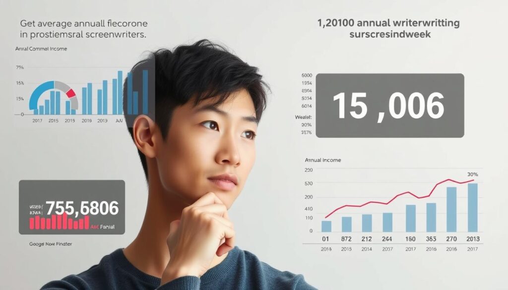 A well-lit, high-resolution photograph of a young Japanese-looking person in a thoughtful pose, surrounded by data visualizations and financial charts depicting the average annual income of professional screenwriters. The subject's expression conveys a pensive, analytical mood as they review the statistical information. The image has a clean, minimalist composition with a neutral background, allowing the data and the person's contemplative gaze to be the primary focus.