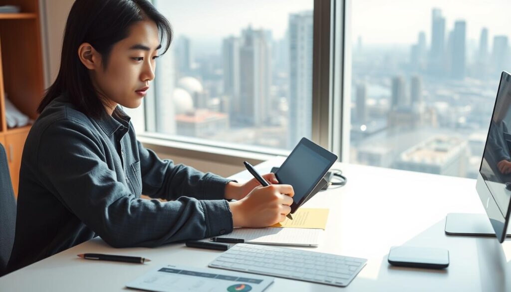 A well-lit, high-resolution photograph of a young Japanese-looking person with black hair, using a set of professional game writing tools including a laptop, tablet, stylus, and various software applications on a minimalist, clean desk with a window overlooking a city skyline in the background. The scene conveys a sense of focus, productivity, and expertise in the game writing field.